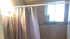 Un baño con ducha, lavabo y espejo.