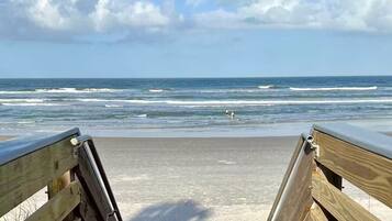 On the beach, sun-loungers, beach towels