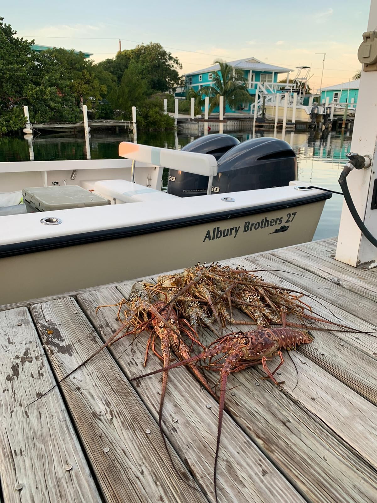 A boat named 'Albury Brothers 27' docked at a marina with a wooden deck and a pile of lobsters on it.