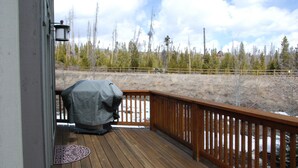 Eine Holzterrasse mit überdachtem Grill, einer Metalttür und Blick auf einen bewaldeten Bereich.