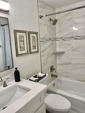 Combined shower/tub, hair dryer, towels, shampoo