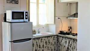 A compact kitchen with a refrigerator, a microwave, a sink, and a window with curtains. - Casa Violetta (Portoferraio)