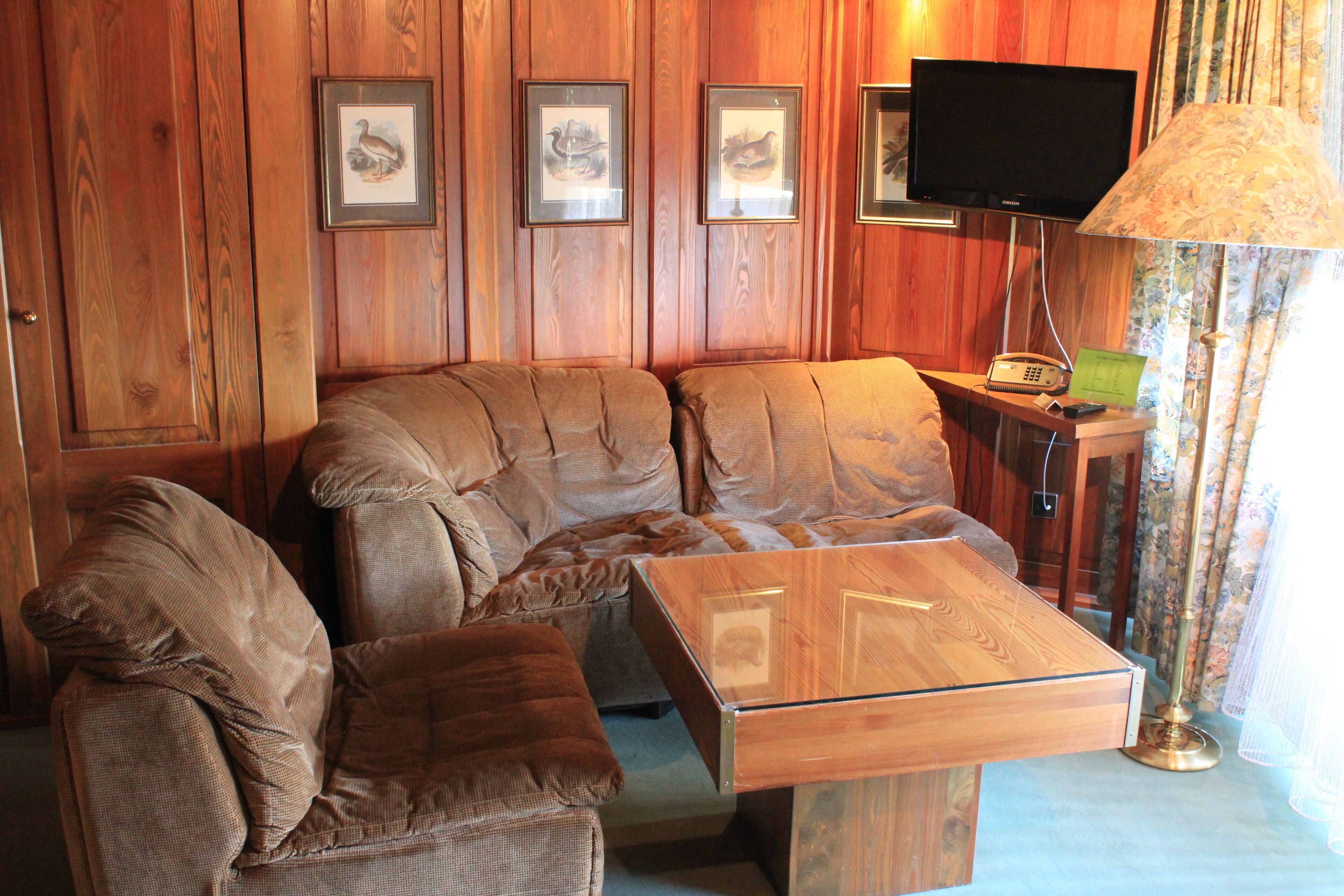 Una habitación con paneles de madera, un sofá, una mesita, un televisor y cuadros en la pared.