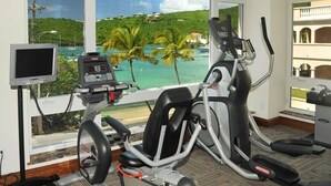Une salle de sport équipée de matériel d’exercice, d’un téléviseur et offrant une vue sur un paysage tropical.