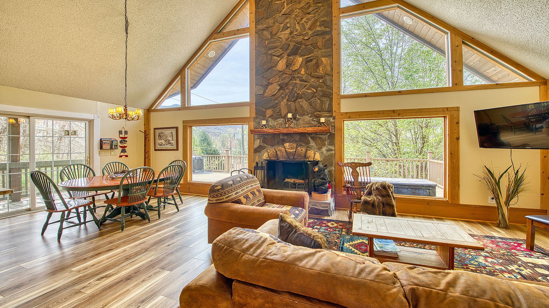 Smart TV, fireplace, video games, DVD player