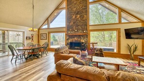Smart TV, fireplace, video games, DVD player