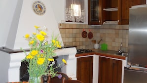 A kitchen with wooden cabinets, a stove, and a sink. There is a vase with yellow flowers on the table. - Casa Anselmi (Portoferraio)