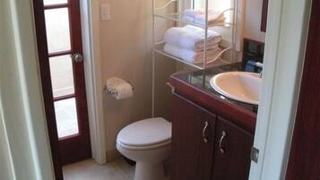 Hair dryer, towels, toilet paper