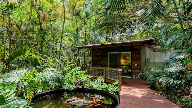 A wooden cabin with a deck, surrounded by dense tropical foliage and a pond with koi fish. - NEW! PonoMana Oasis - The Koi Cottage (Captain Cook)