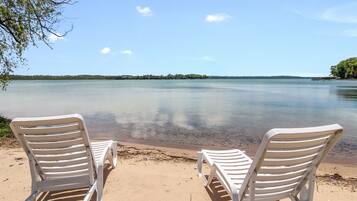 On the beach, sun loungers