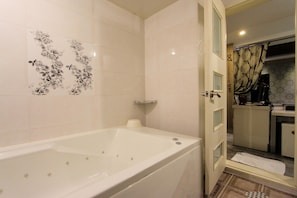 Combined shower/tub, free toiletries, hair dryer, bathrobes