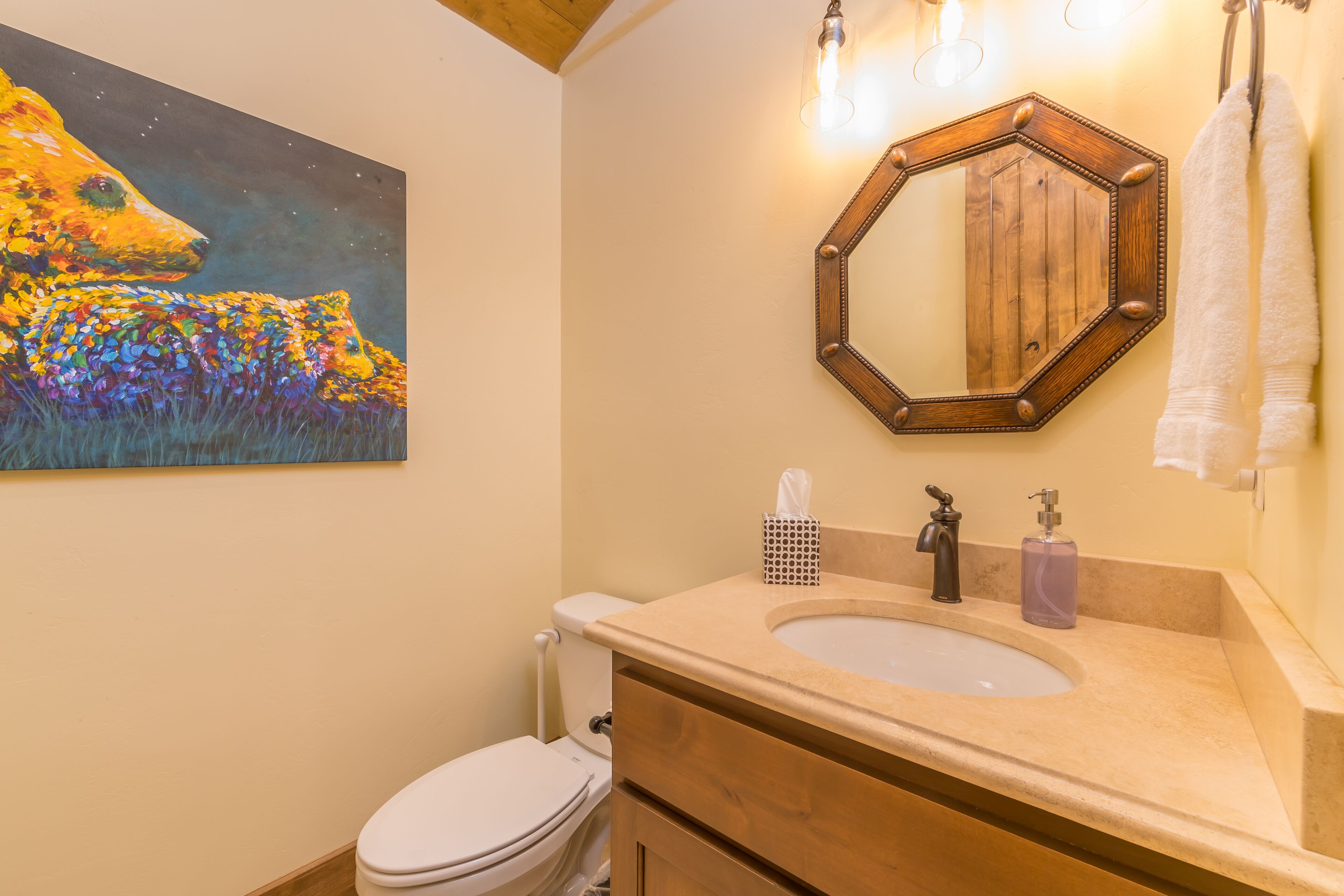 Un baño con tocador de madera, un espejo hexagonal, un inodoro y un cuadro de un perro.