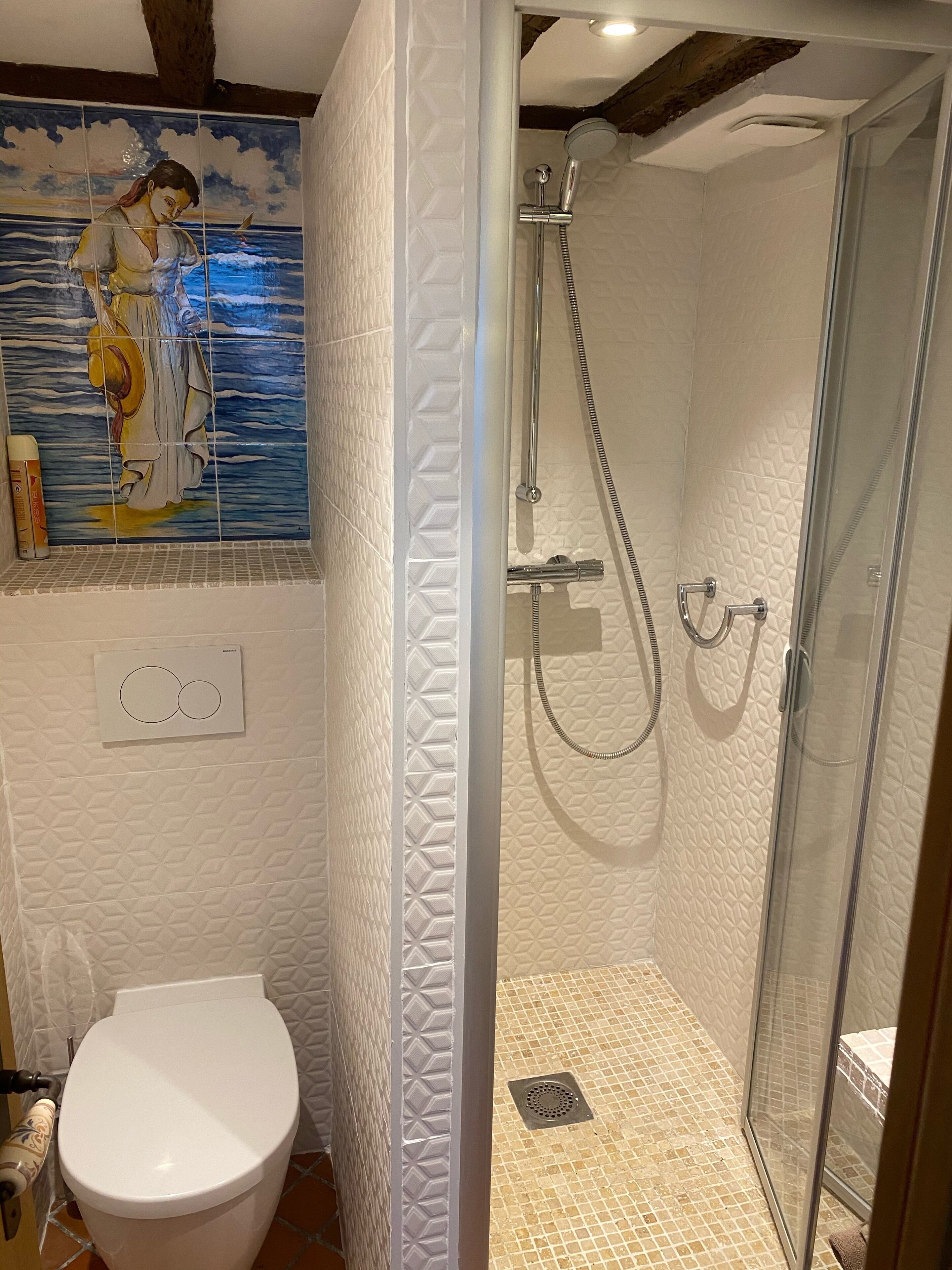 Ein Badezimmer mit Dusche, Toilette und einem dekorativen Fliesenfries.