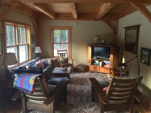 Smart TV, fireplace, books, stereo