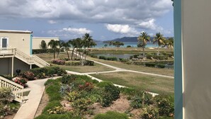 Un resort con piscina, palmeras y vista al océano.
