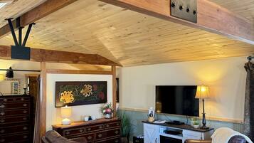 TV connectée, cheminée, lecteur de DVD, baby-foot