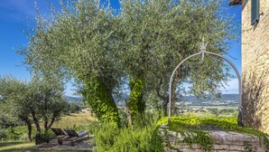 A stone wall with a metal archway, a bench, and a view of olive trees and a distant landscape. - Traditional Tuscan farmhouse with stunning views & air conditioning (Siena)