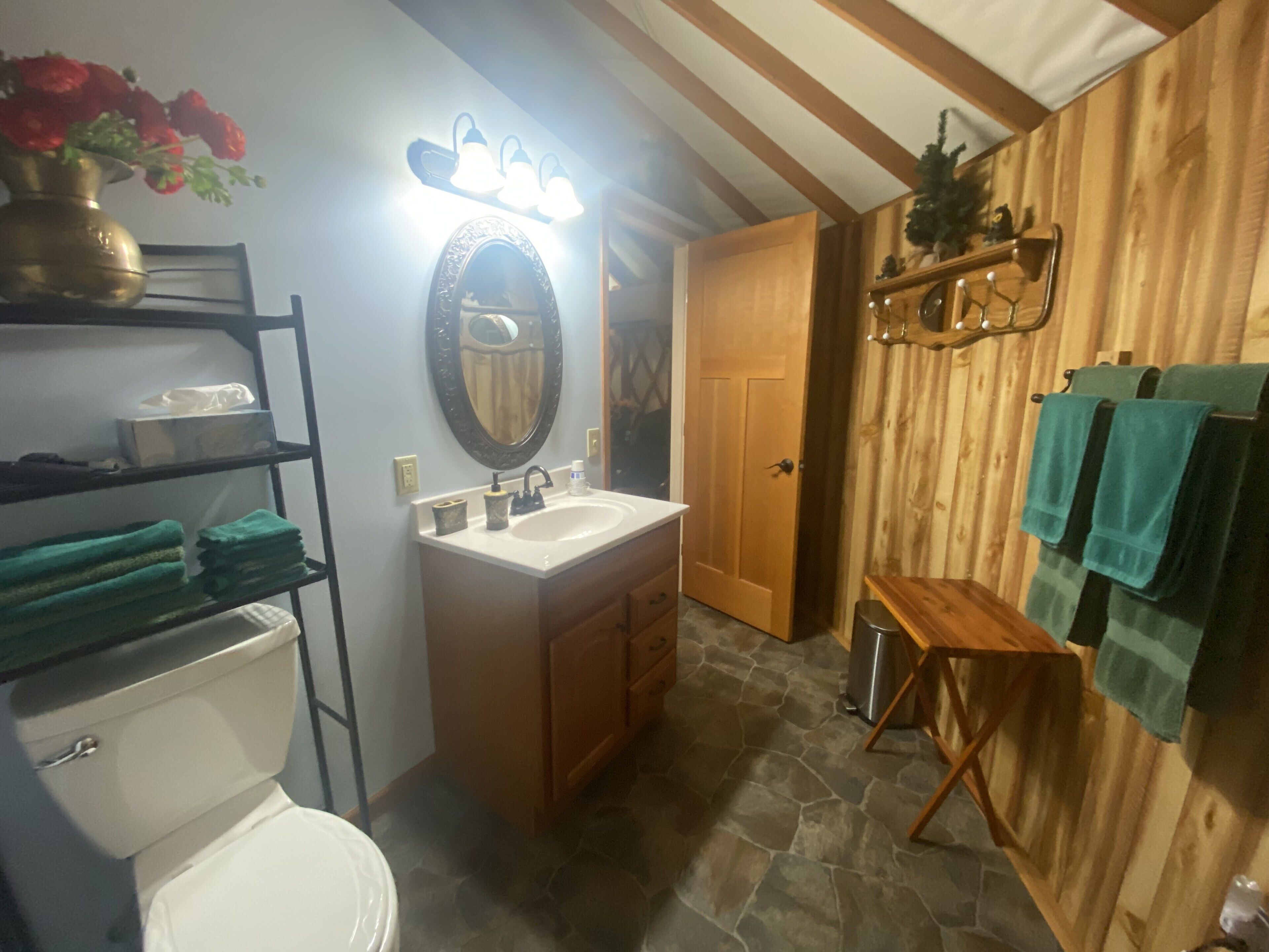 Douche, sèche-cheveux, serviettes fournies, savon