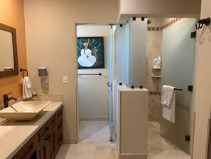 Bathtub, jetted bath, hair dryer, towels