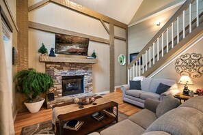 Smart TV, fireplace, DVD player, books