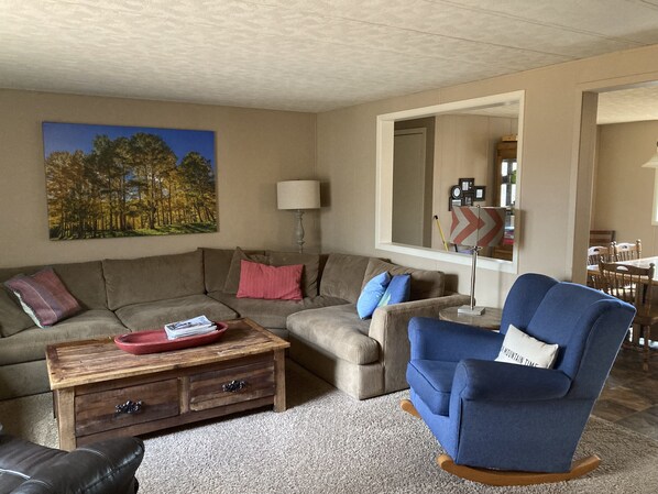 Smart TV, fireplace, DVD player, books