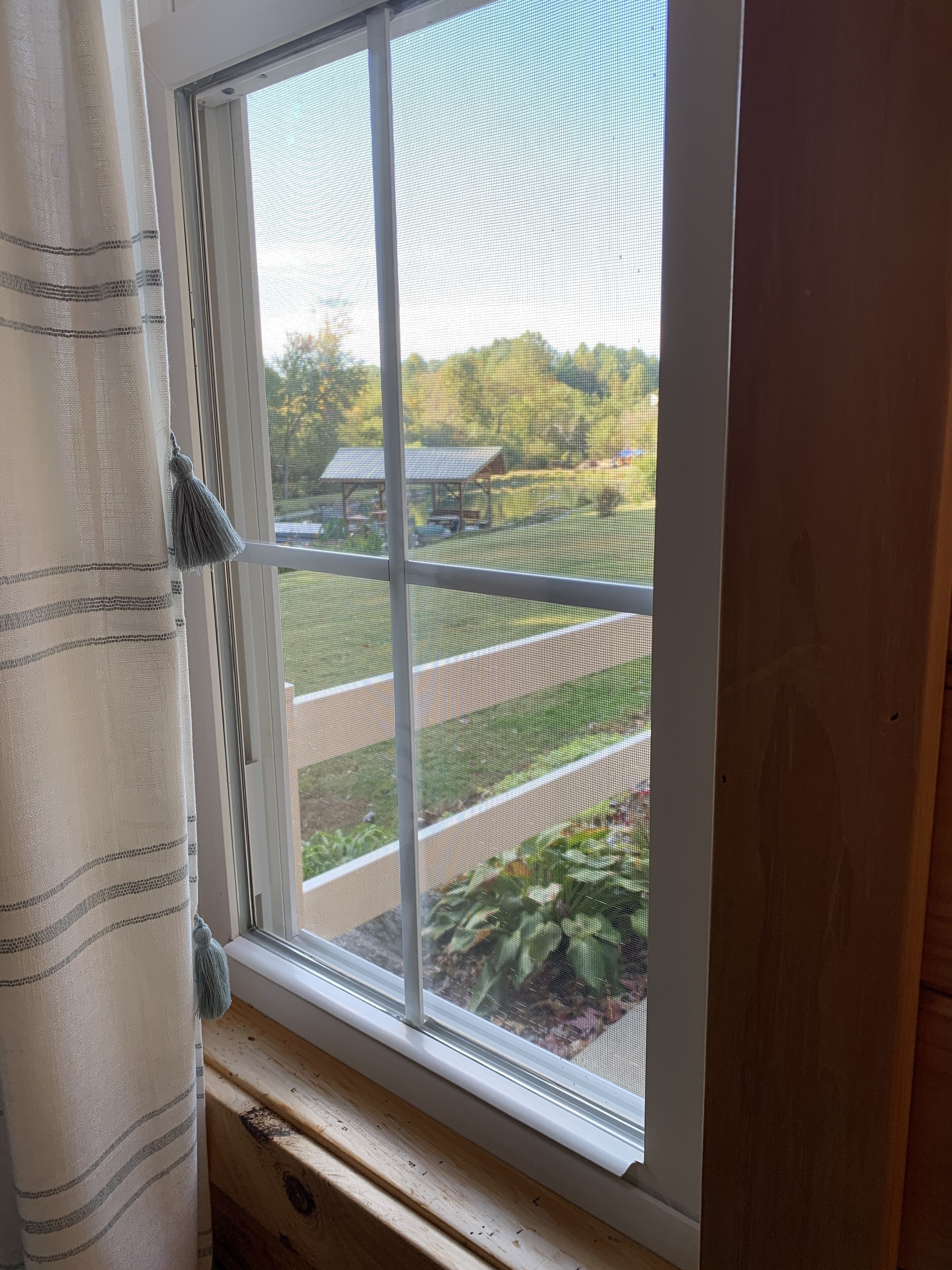 A window with a view of a grassy area and a small structure.