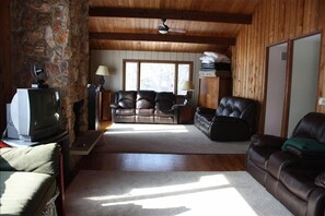 TV, fireplace, DVD player, books
