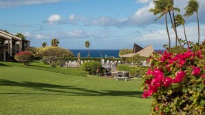 A resort with a well-maintained lawn, a pool area, and a view of the ocean. - Fantastic Ocean View Steps to Kamaole Beach 3 (Kihei)