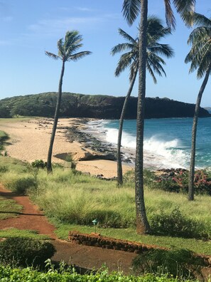 Na praia, espreguiçadeiras, toalhas de praia