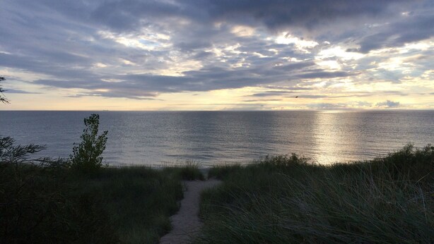 A coastal path leading to the sea with a cloudy sky above.