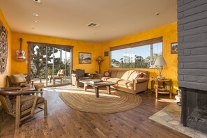 Smart TV, chimenea, reproductor de DVD y libros