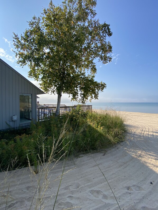 A beach house with a deck overlooking the ocean, surrounded by sand and vegetation.
