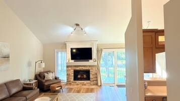 Télévision, cheminée, livres