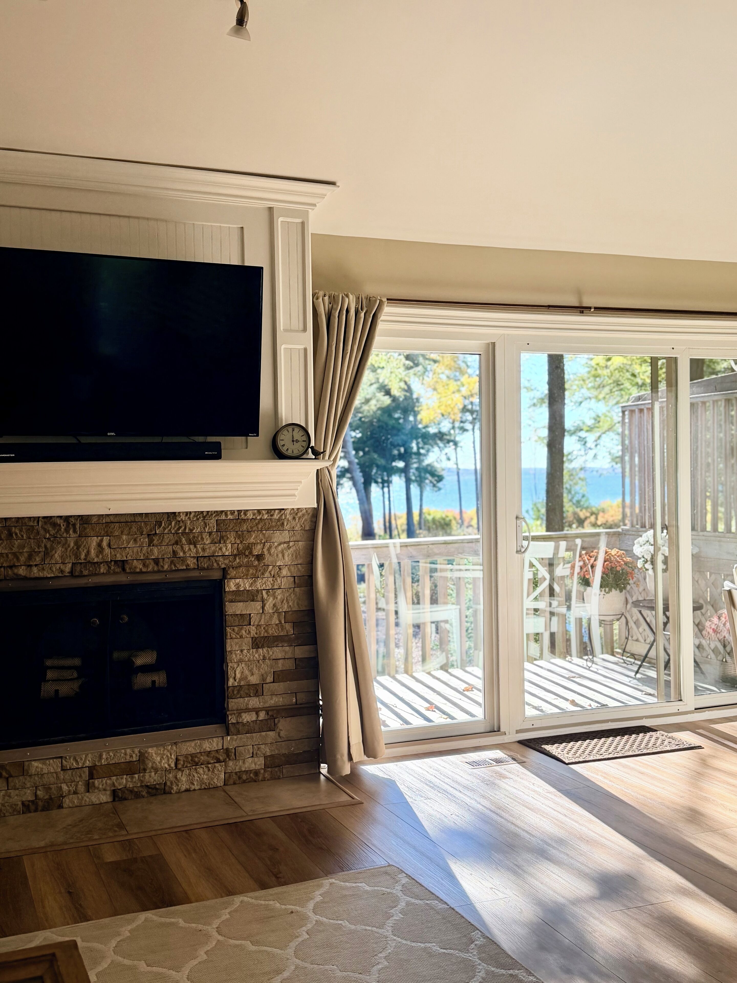 Télévision, cheminée, livres