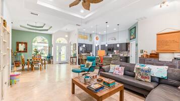 Smart TV, fireplace, books, music library