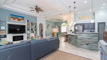 TV connectée, cheminée, livres, médiathèque