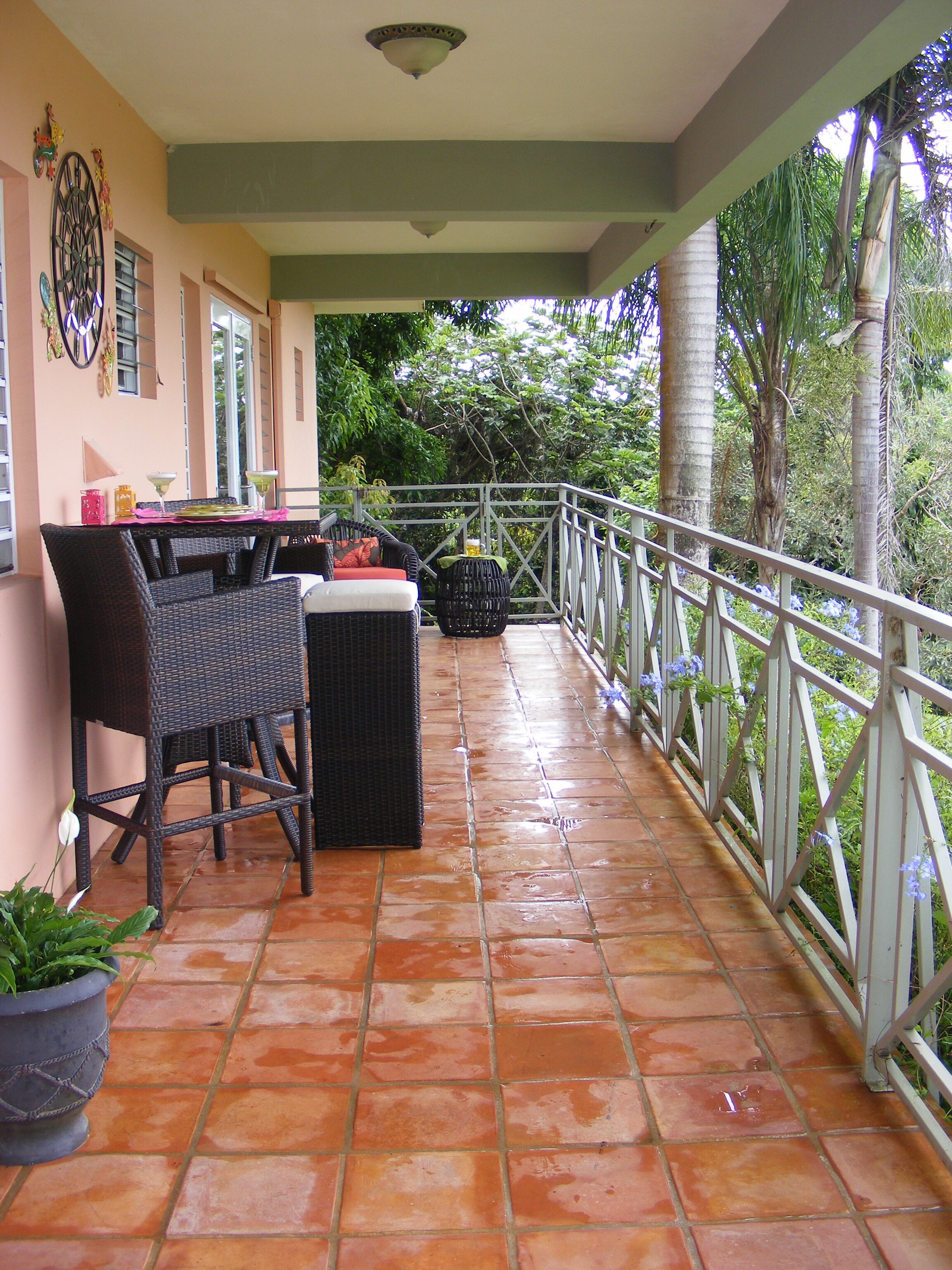 A covered patio with a table and chairs, a potted plant, and a railing overlooking a garden.
