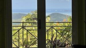 Vista da un balcone con ringhiera in metallo, su un paesaggio costiero con colline e l'oceano.