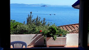 A terrace with a view of the sea, a white chair, and a planter with plants. - Villa Porticciolo (Rio)