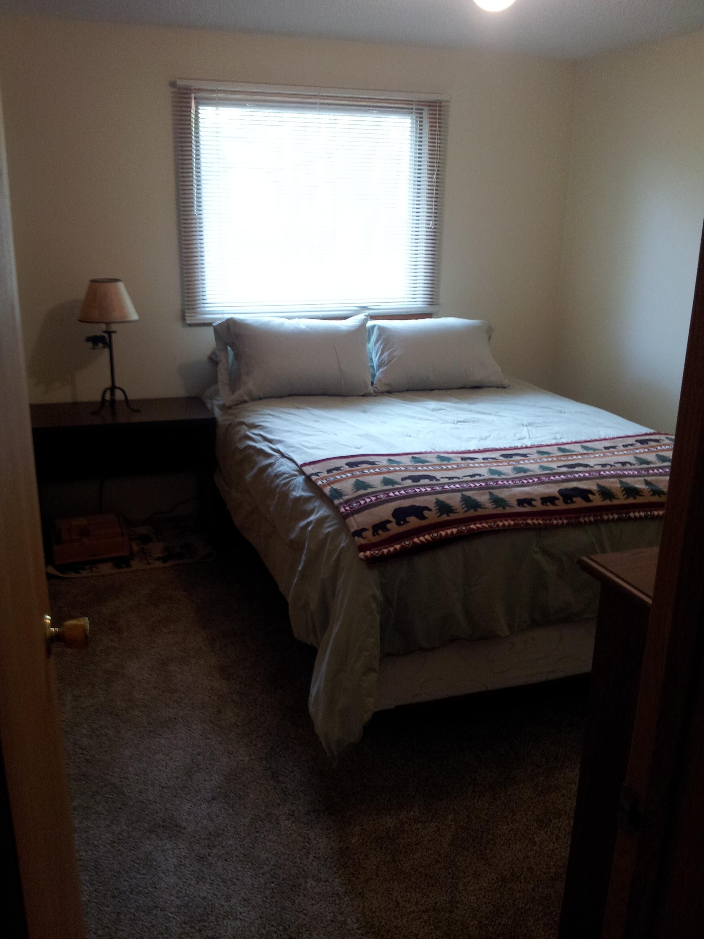 Second bedroom with queen bed, closet, and dresser