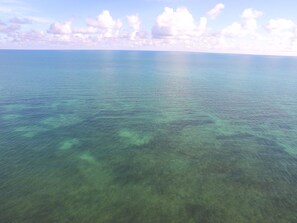 A clear view of a calm sea with a horizon and a few clouds in the sky.