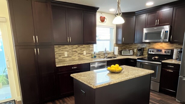 A modern kitchen with dark wood cabinets, a granite countertop, stainless steel appliances, and a patterned backsplash. - Beautifully, Renovated Home in Quiet Cul de Sac! Close to EVERYTHING!  (Oldsmar)