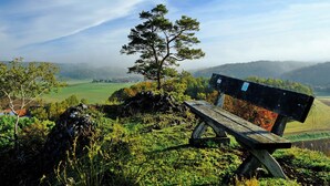 A bench with a view of a tree and distant hills. - Gasthof Zur Post (Königstein)
