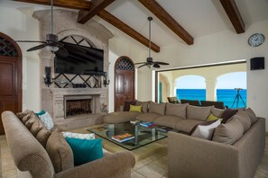 Smart TV, fireplace, music library, video library
