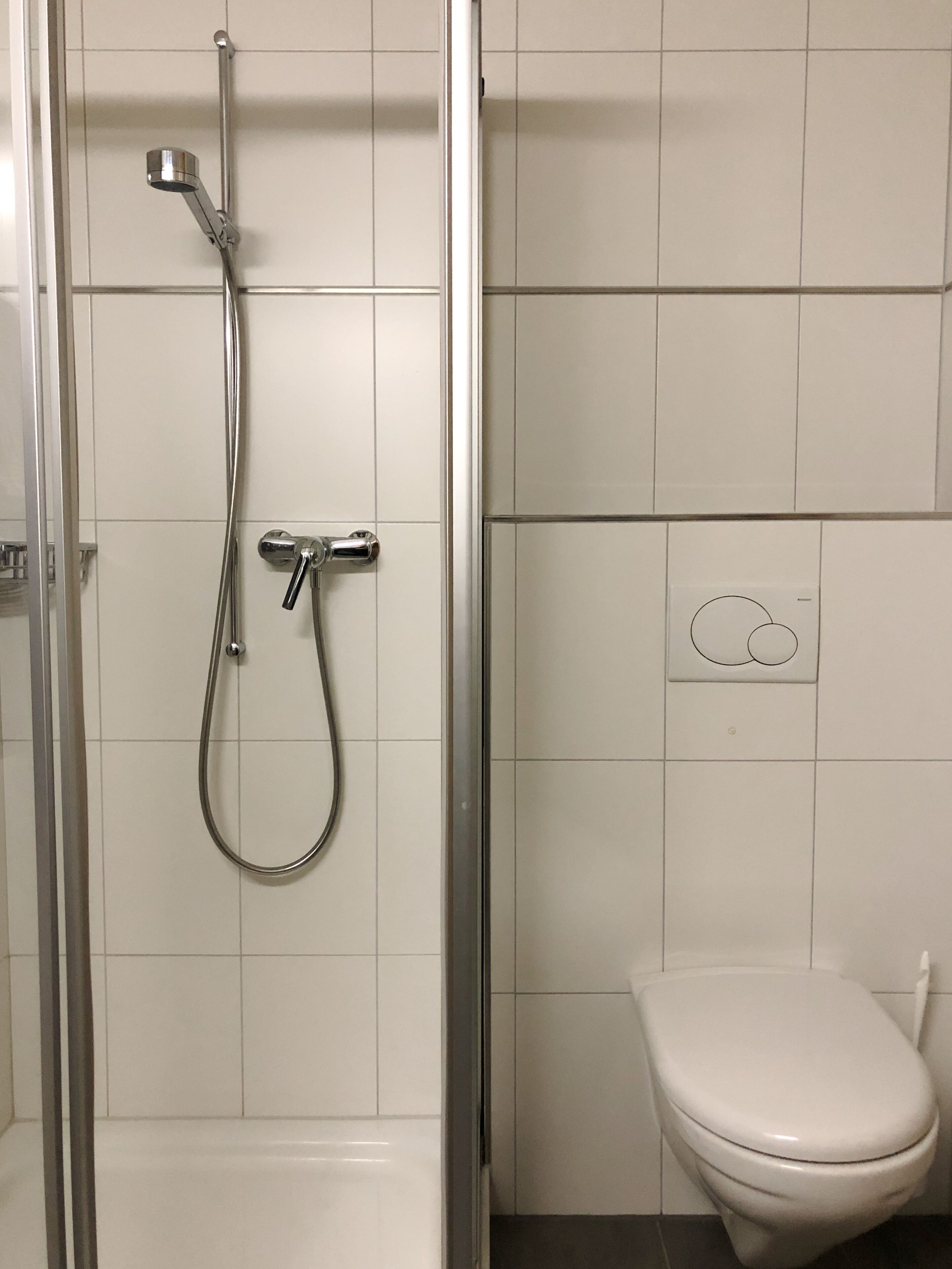 Une salle de bain équipée d’une douche, de toilettes et d’une chasse d’eau fixée au mur.