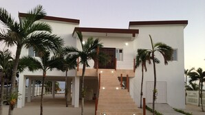 A modern two-story house with a staircase leading to the entrance, surrounded by palm trees.