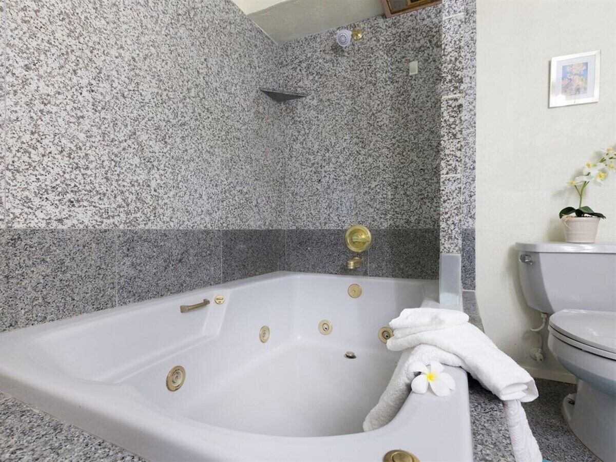 Een badkamer met een vrijstaand bad, toilet en douchehoek.