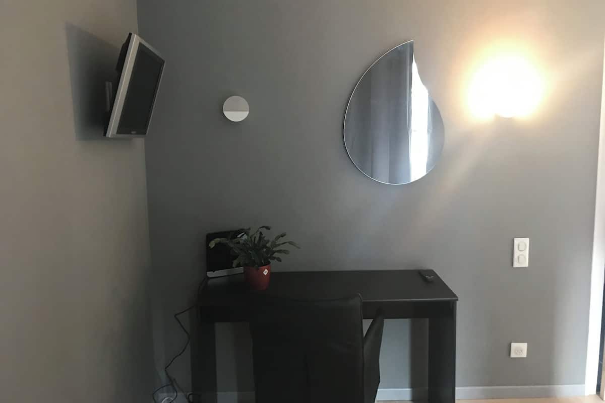 A room with a dark grey wall, a round mirror, a small table with a potted plant, and a TV mounted on the wall.
