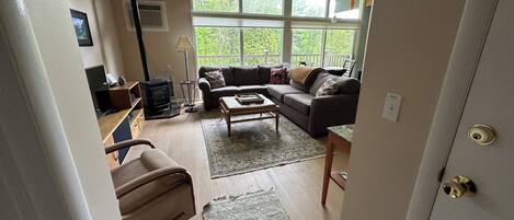 Smart TV, fireplace, video games, DVD player