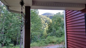 Un porche cubierto con vistas a una ladera boscosa.
